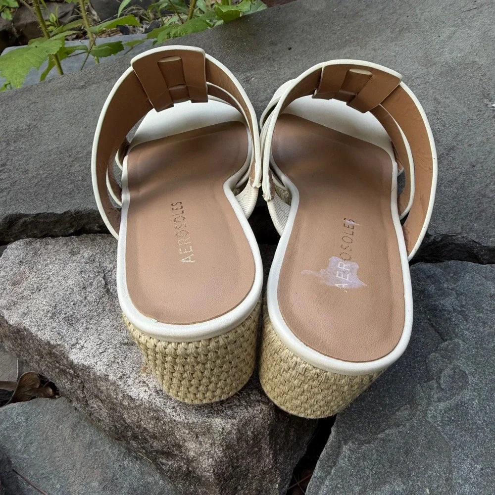Aerosoles Wren Women 7M Cream Off White Strappy Wedge Espadrille Slide Sandals